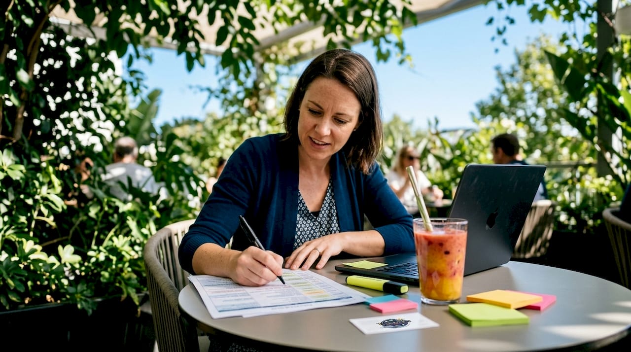 Event manager reviewing event schedule at office table