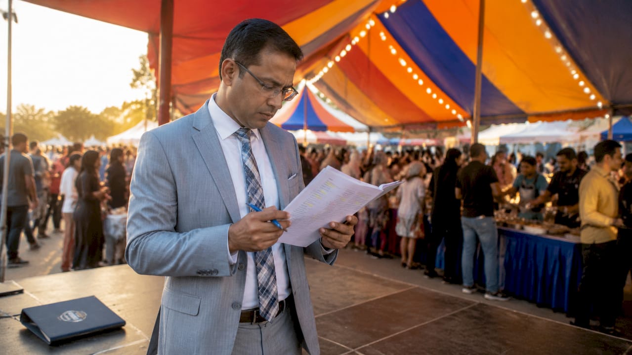 Male MC reviewing event schedule backstage