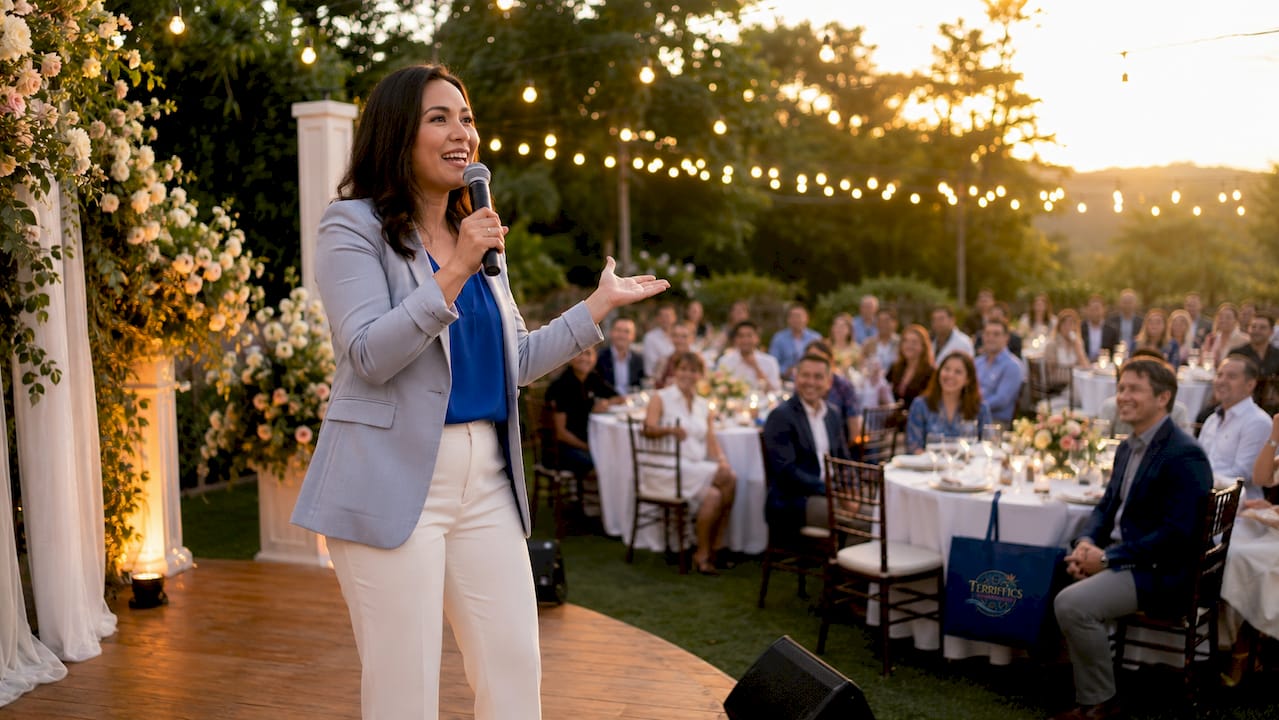 Female event MC speaking on stage