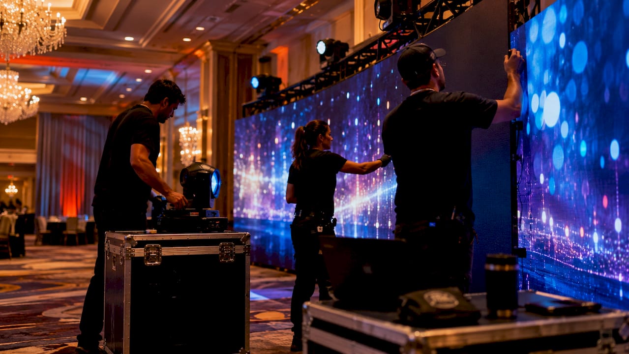 Technicians adjusting LED storytelling display
