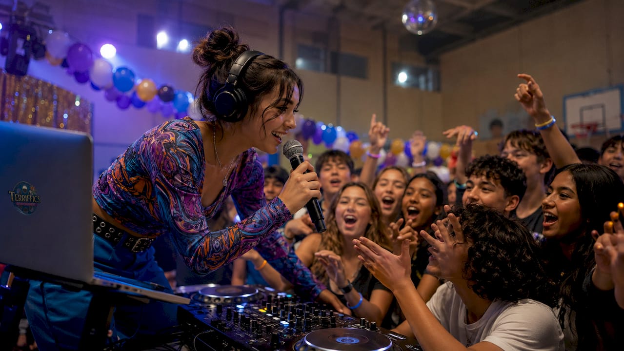Female school dance DJ hyping crowd with microphone