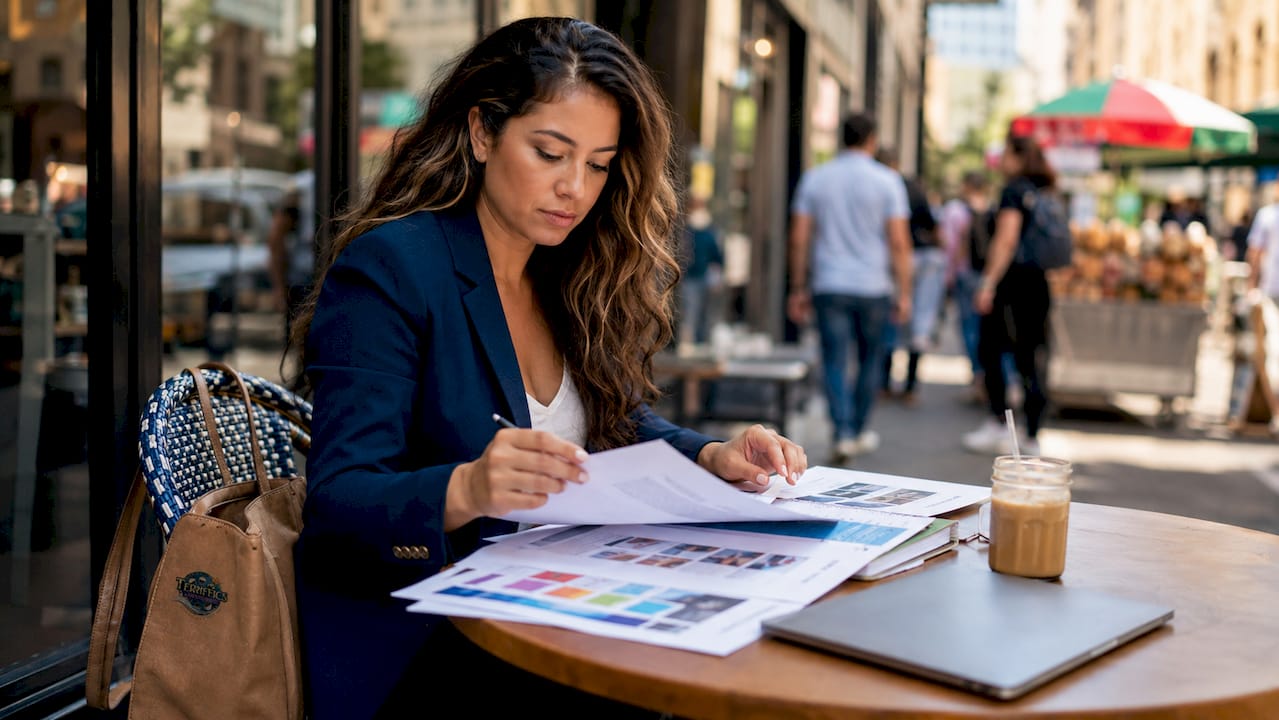 Event planner reviewing event technology documents at table