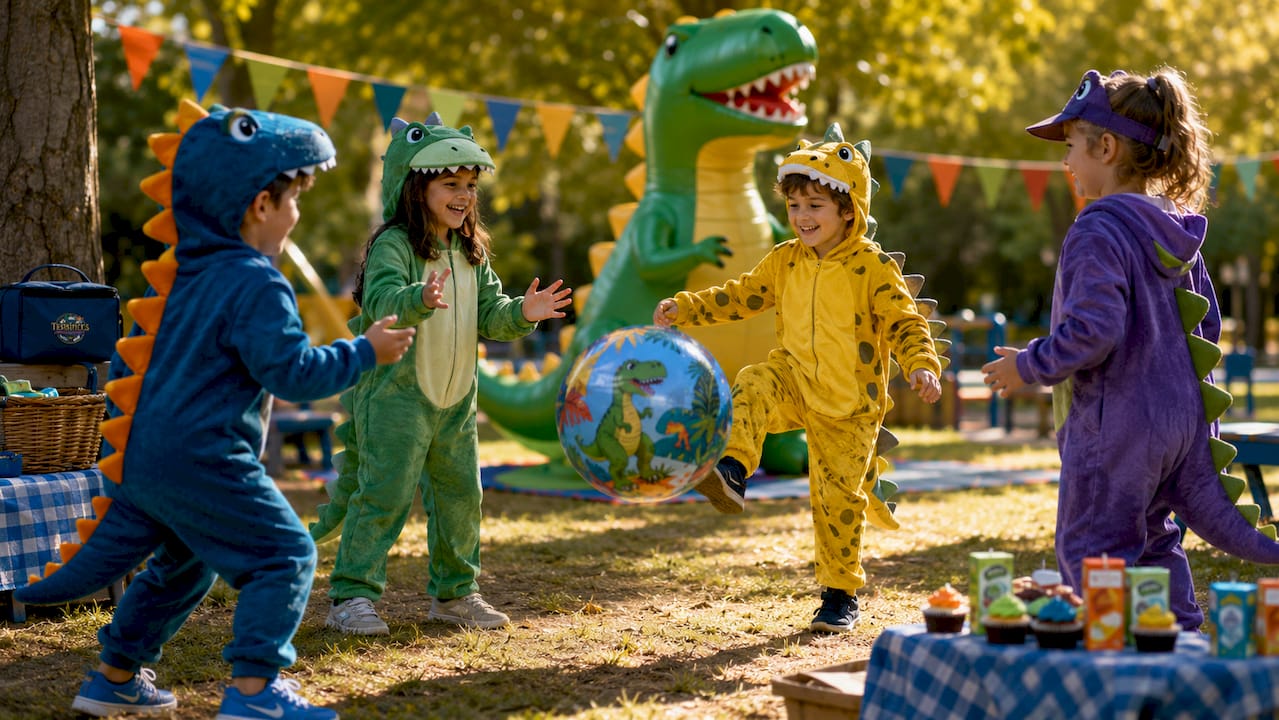 Children enjoying dinosaur themed birthday party outdoors