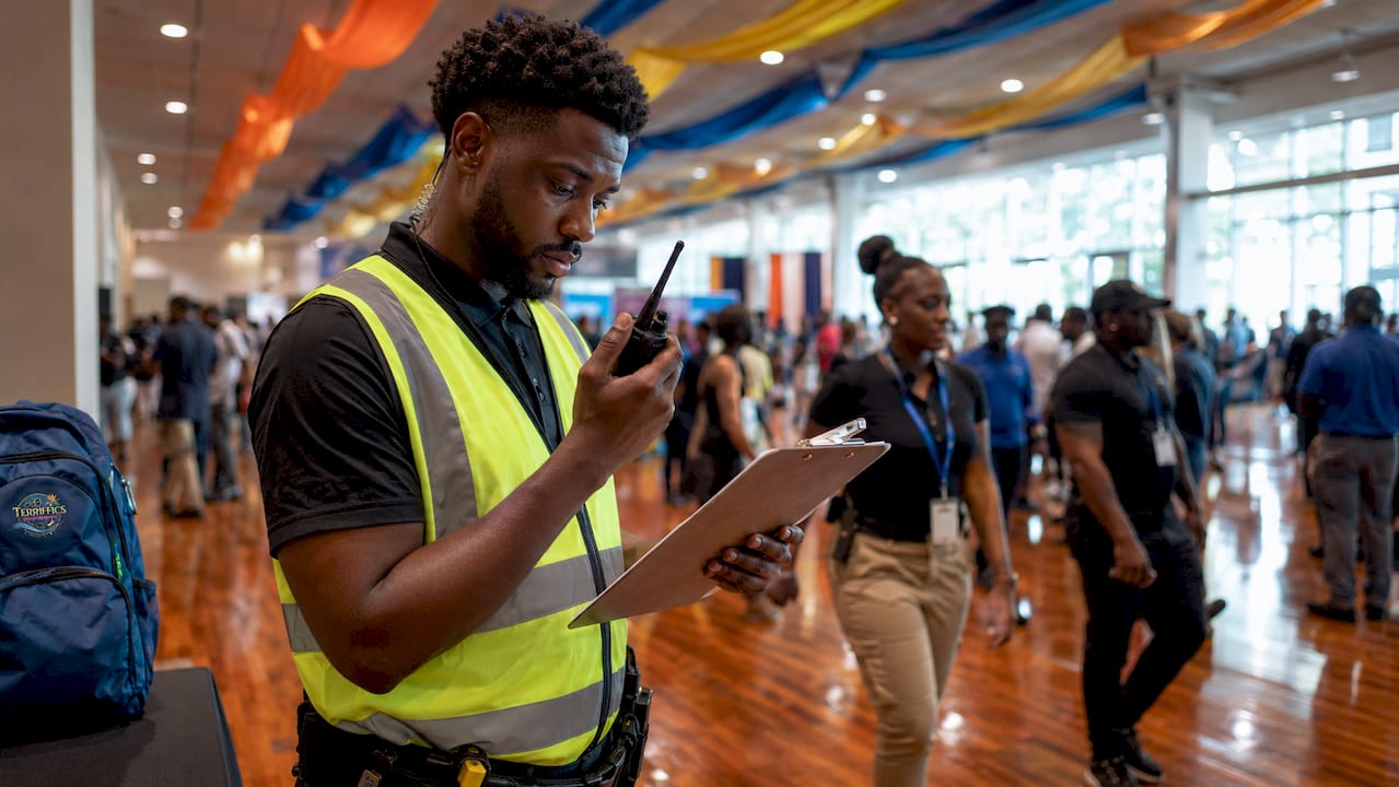 Security supervisor monitoring event staff outdoors