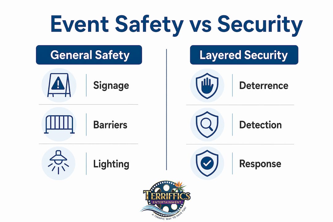 Infographic comparing event safety and layered security measures