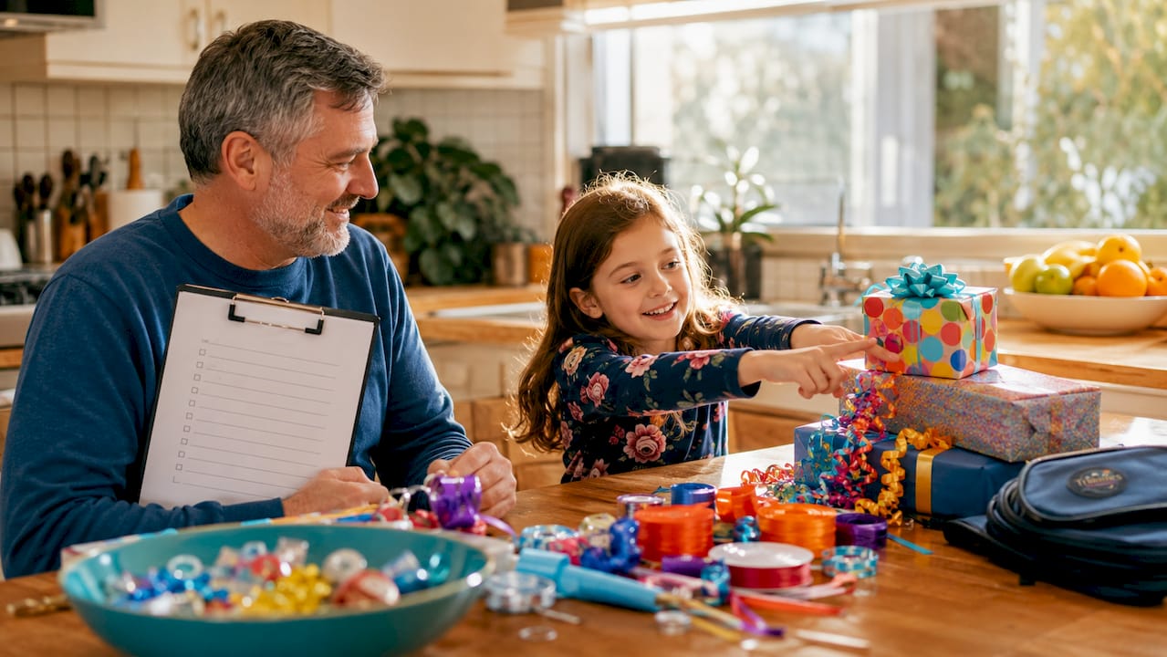 Father and daughter planning party workflow at home