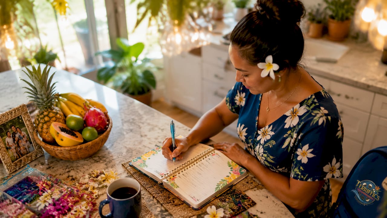 Mom planning Oahu birthday party checklist outdoors