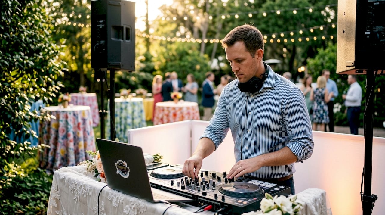 Wedding DJ adjusting audio controller at outdoor reception