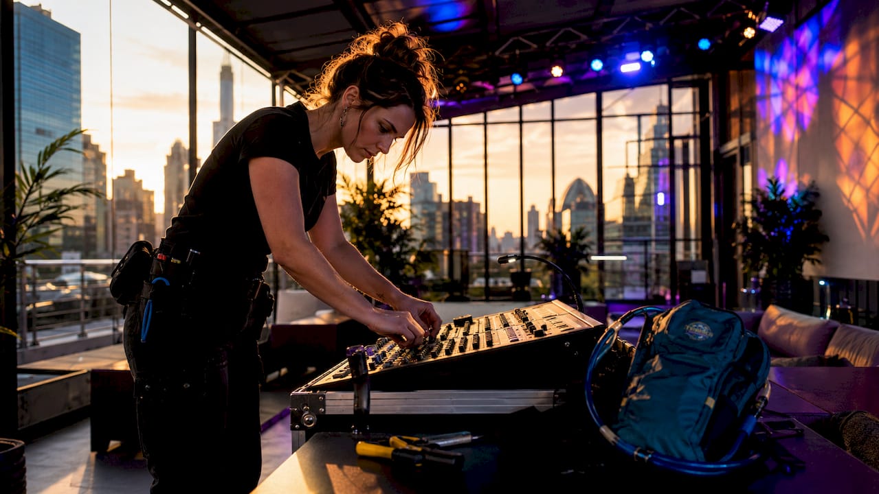 Technician adjusting sound and lighting equipment
