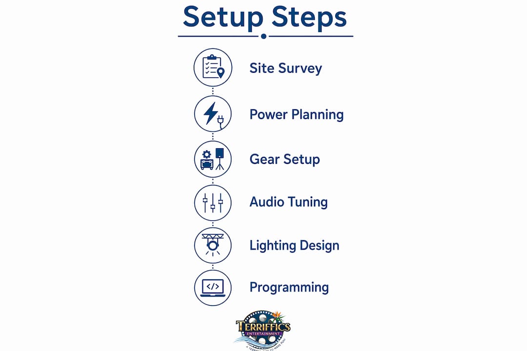 Infographic showing steps for sound and lighting setup