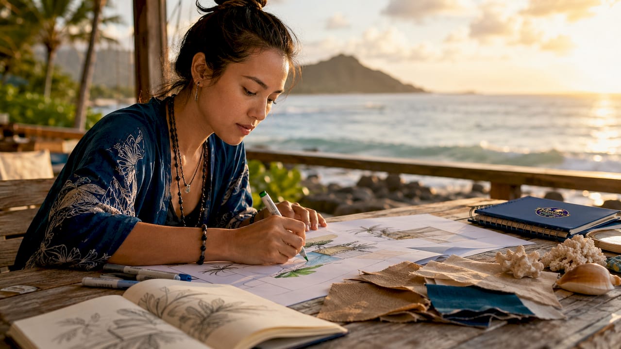 Event planner sketching creative theme ideas outdoors