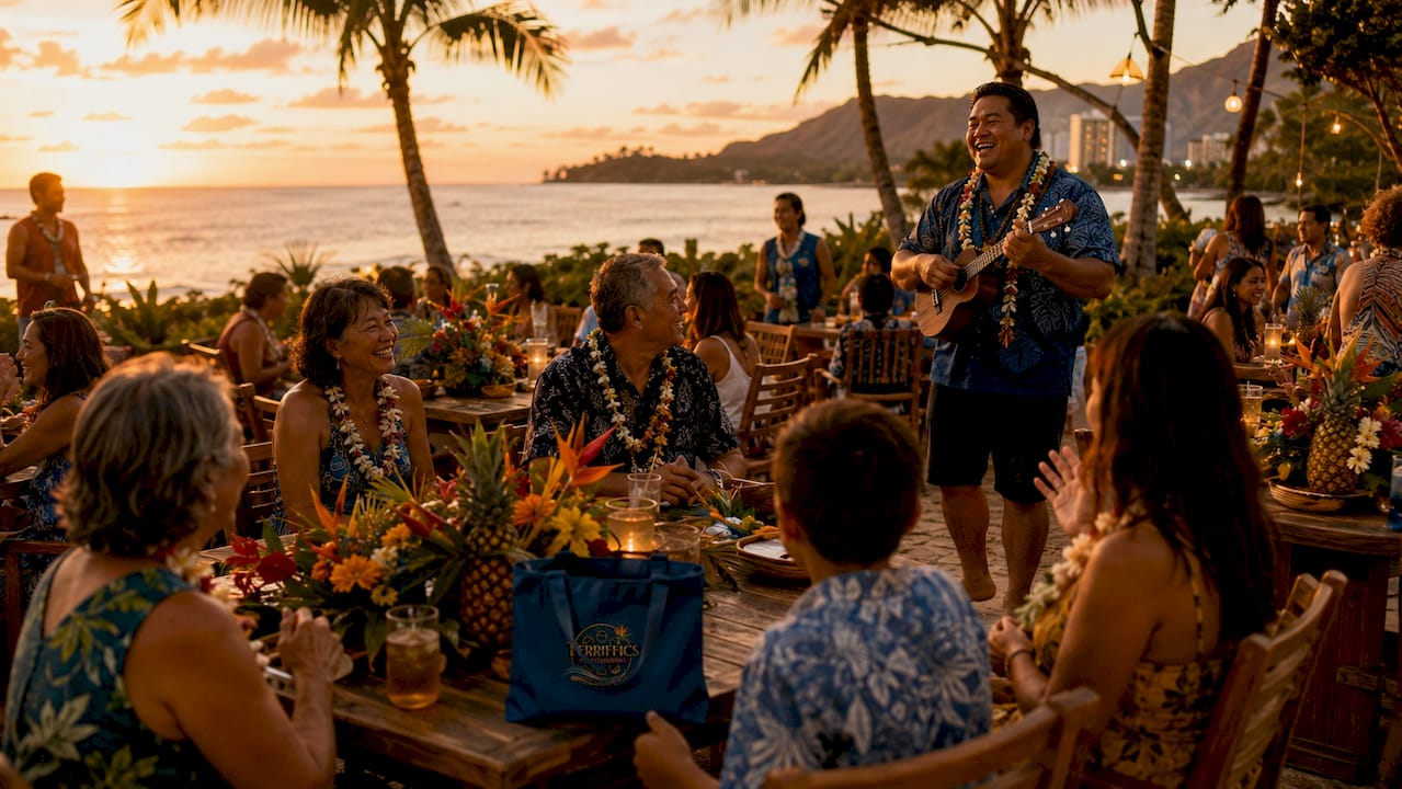 Guests enjoying tropical luau at beachfront venue