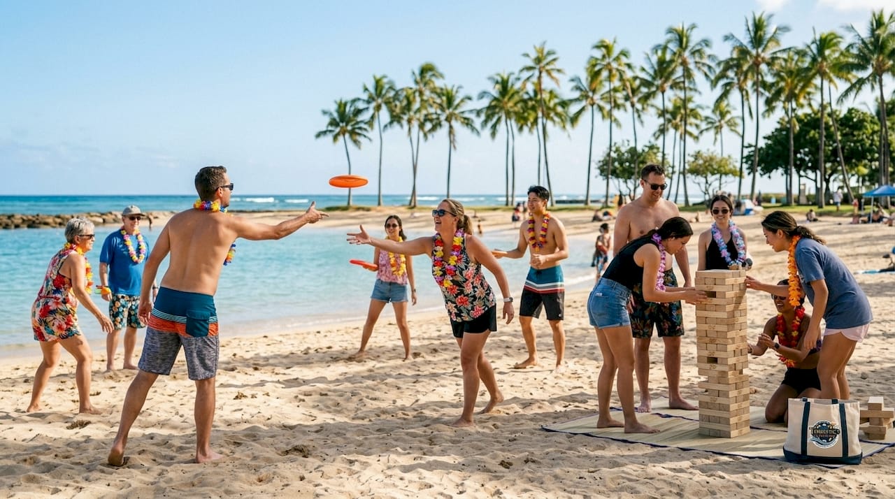 Group playing beach games at Oahu park