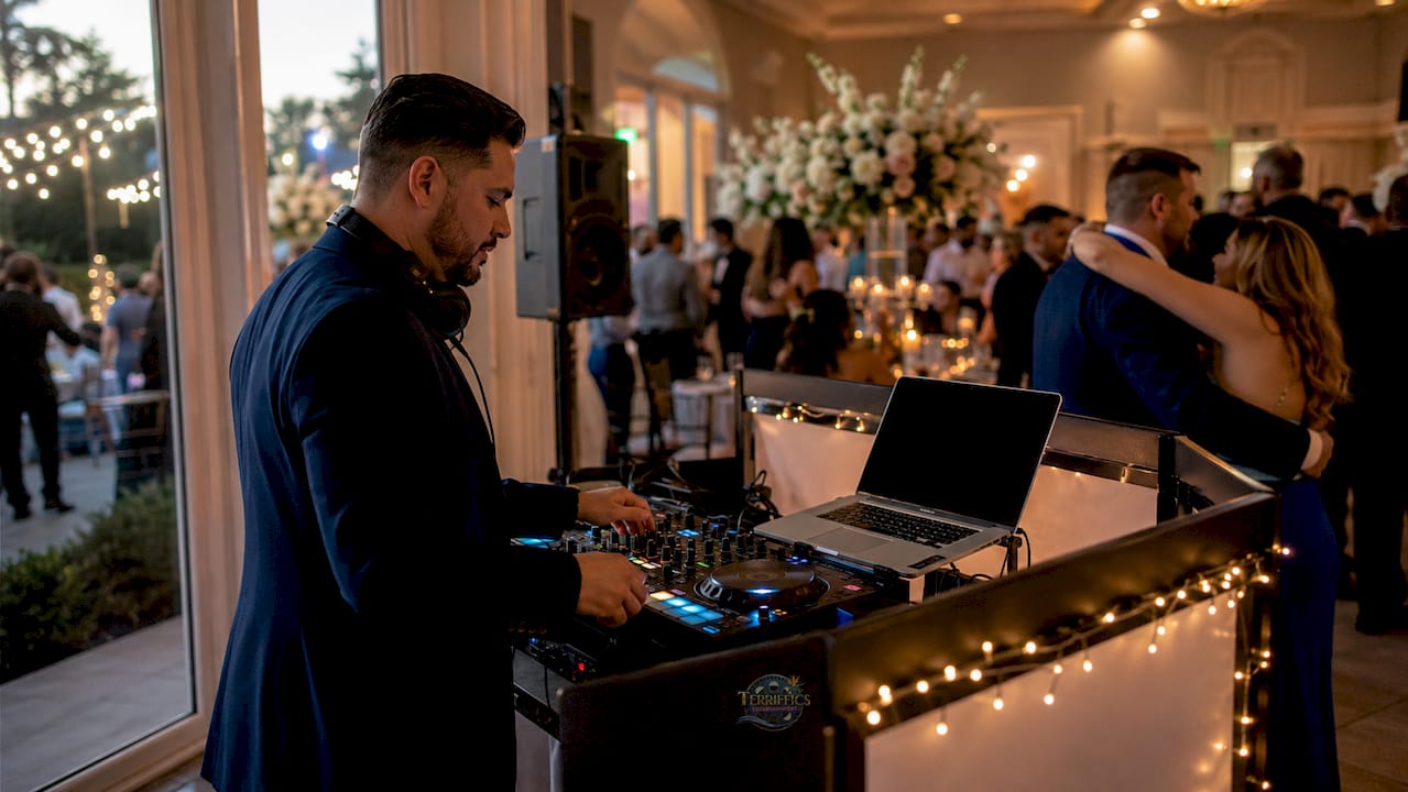 DJ mixing music at wedding celebration outdoors