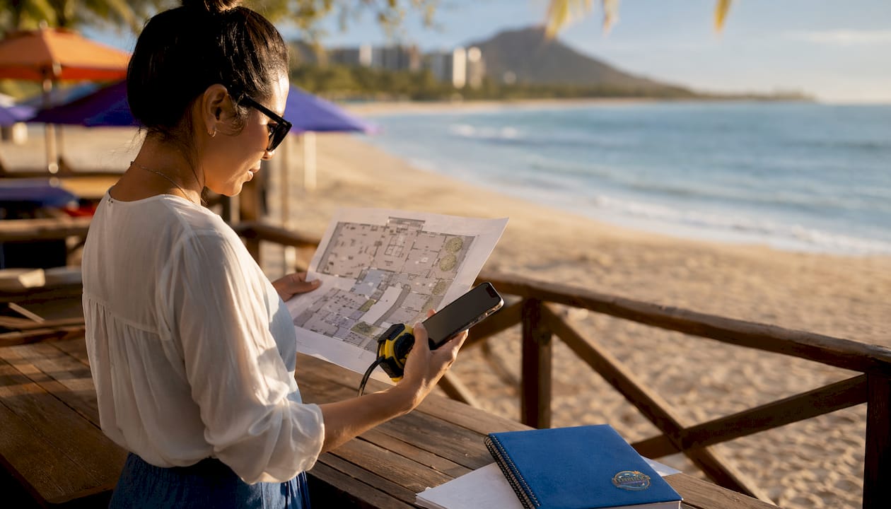 Event planner reviewing venue setup plan outdoors