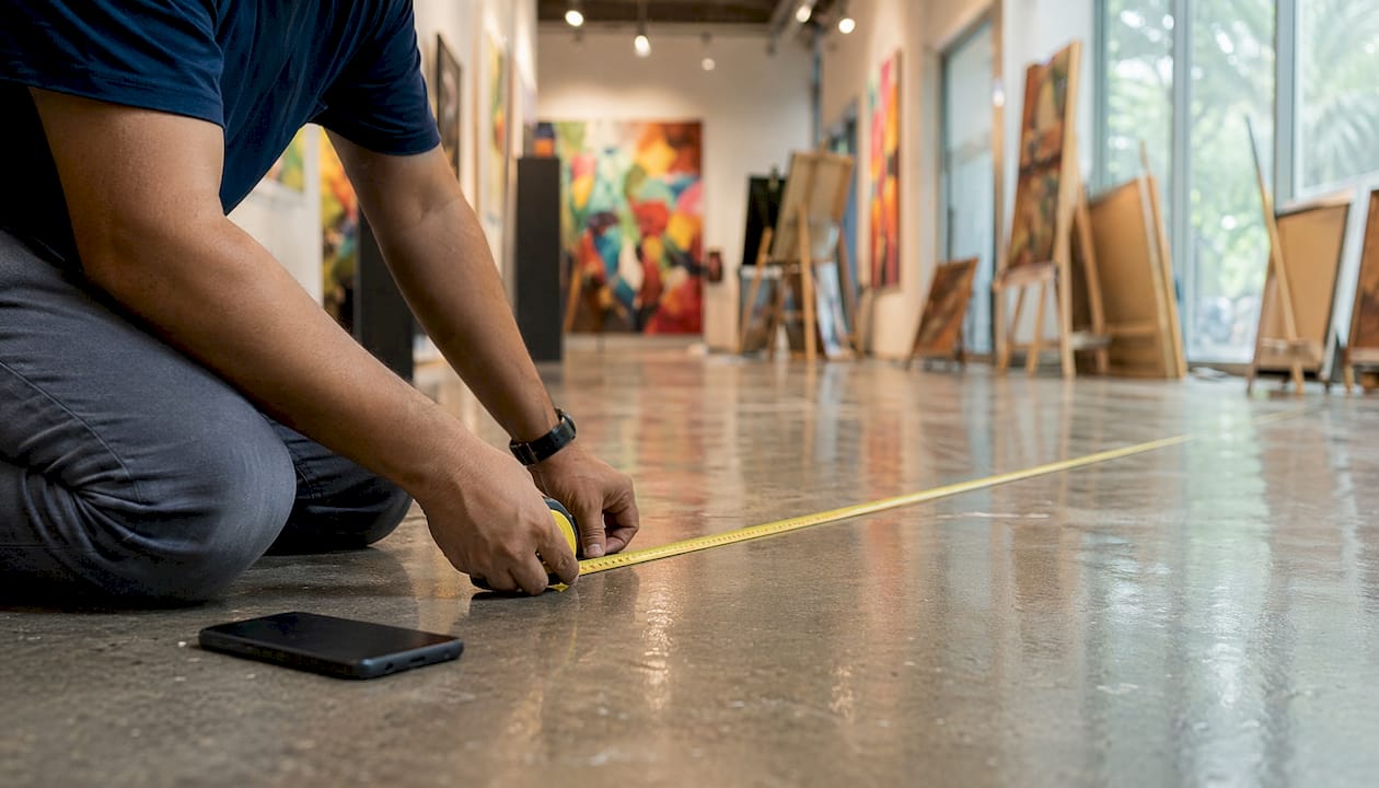 Hands measuring venue floor with tape measure