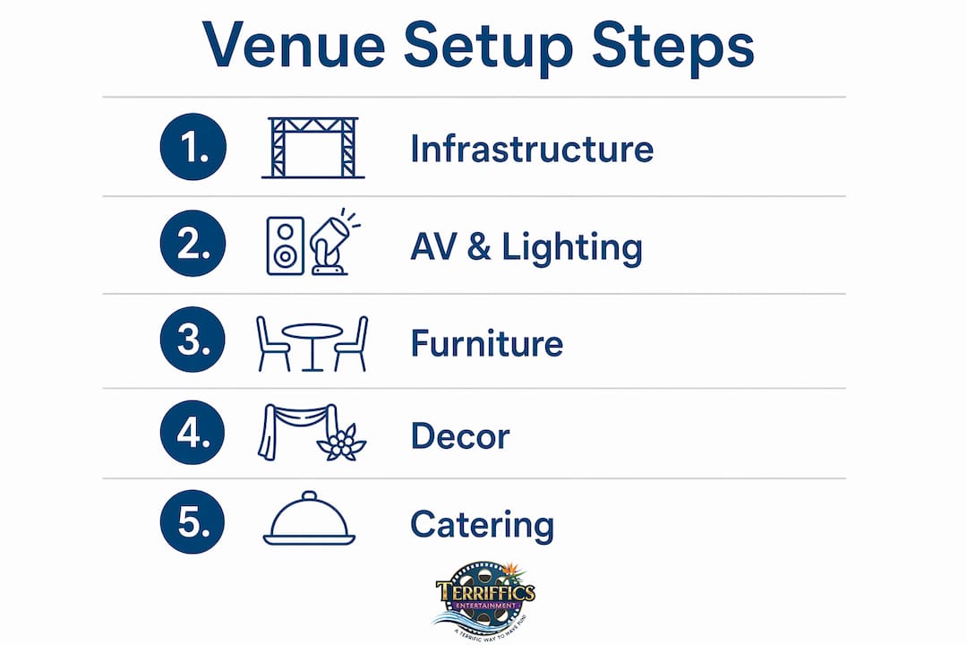 Infographic showing key venue setup steps in sequence