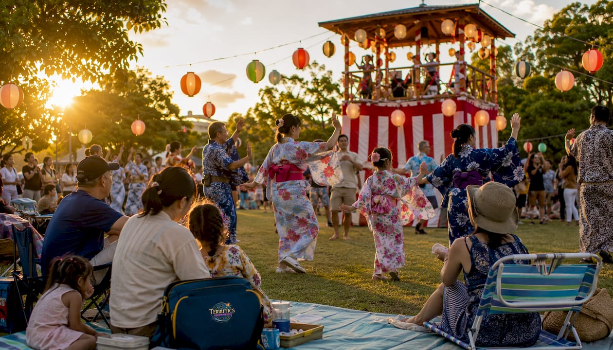 Community bon dance at Obon festival outdoors
