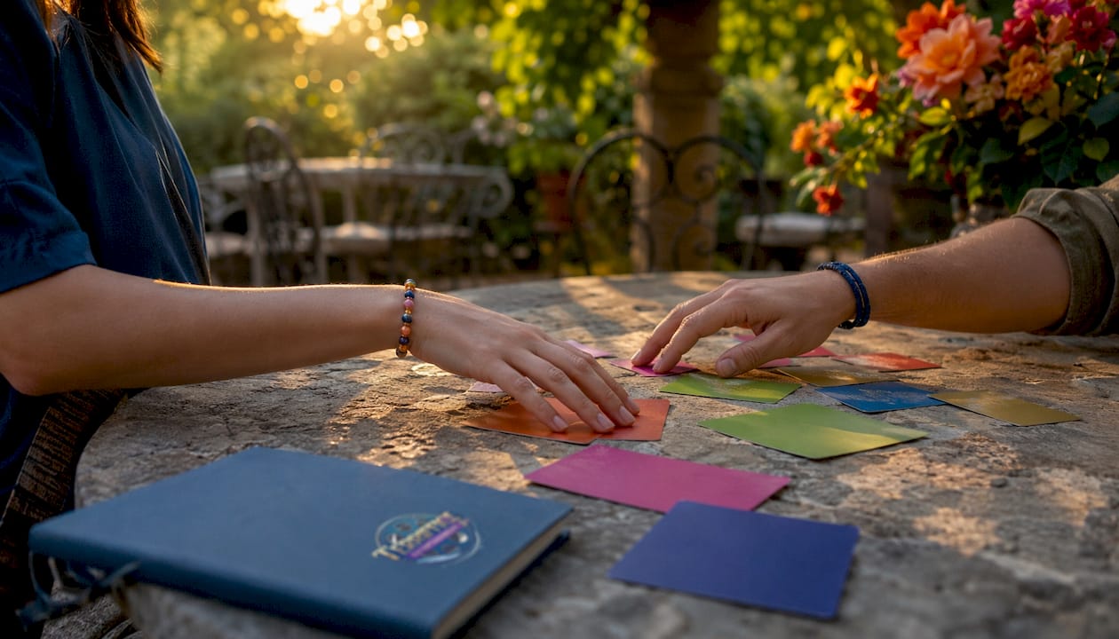 Hands picking up event icebreaker cards on table