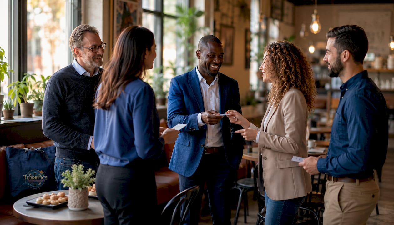Diverse group networking at event lounge