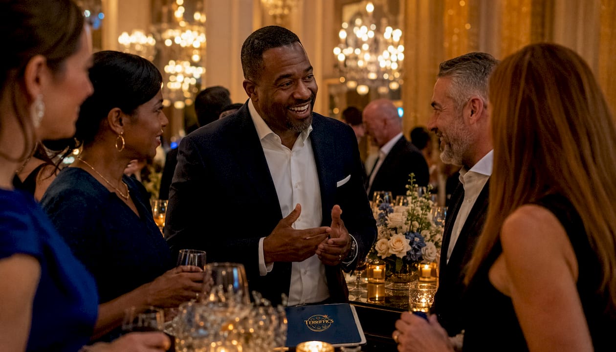 Event host talking with guests at outdoor gala