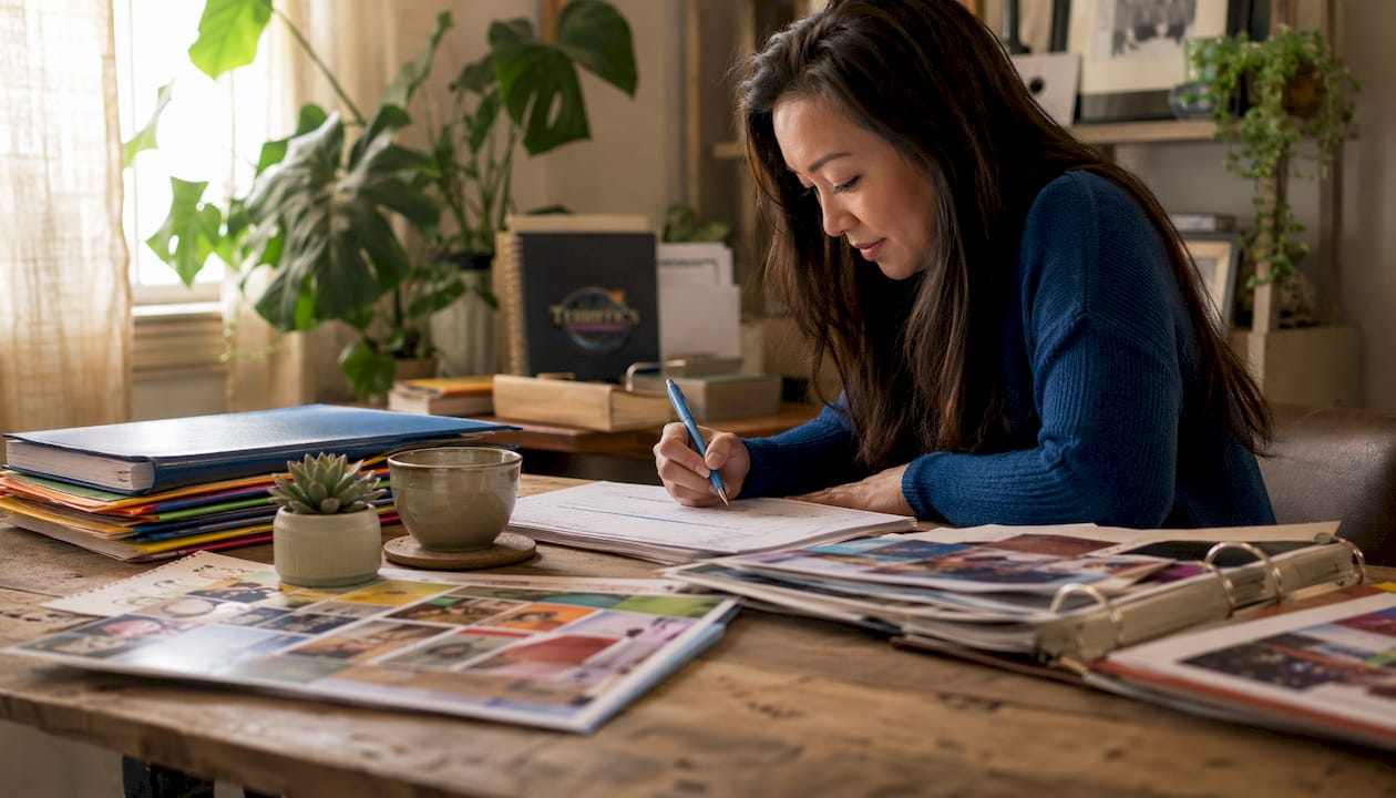 Event host reviewing planning documents at table