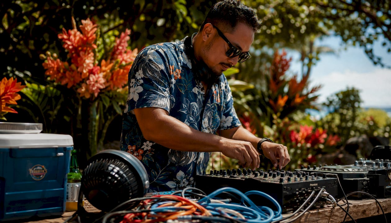 Local Oahu DJ preparing outdoor event setup