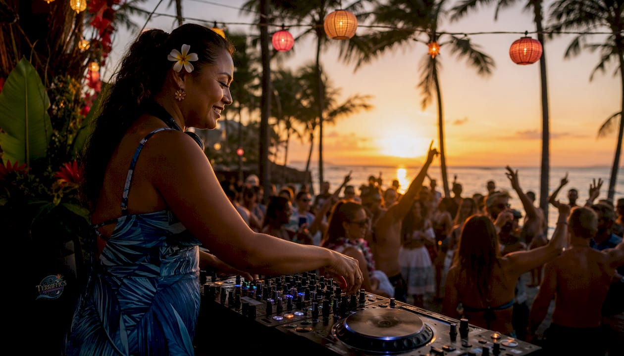Female local DJ playing music at beach party