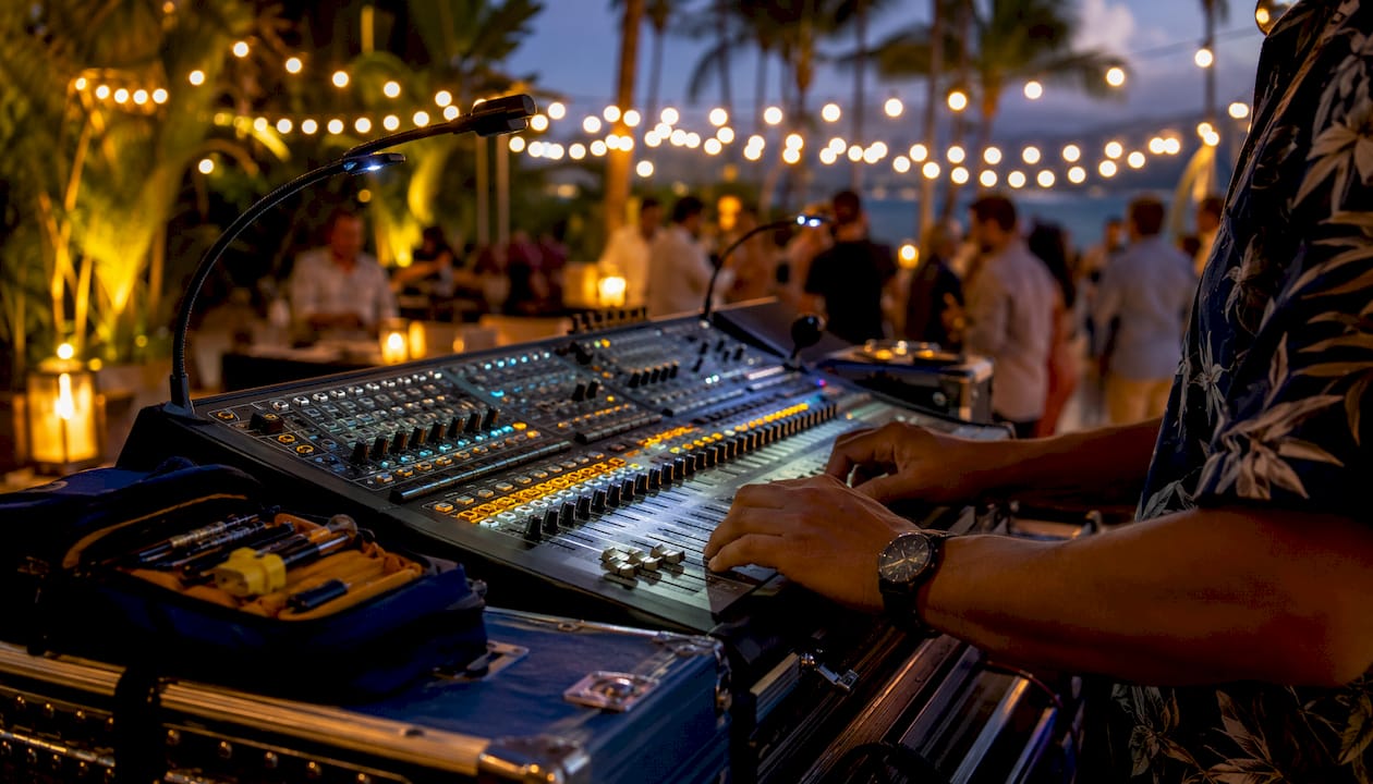 Hands adjusting lighting console color temperature controls