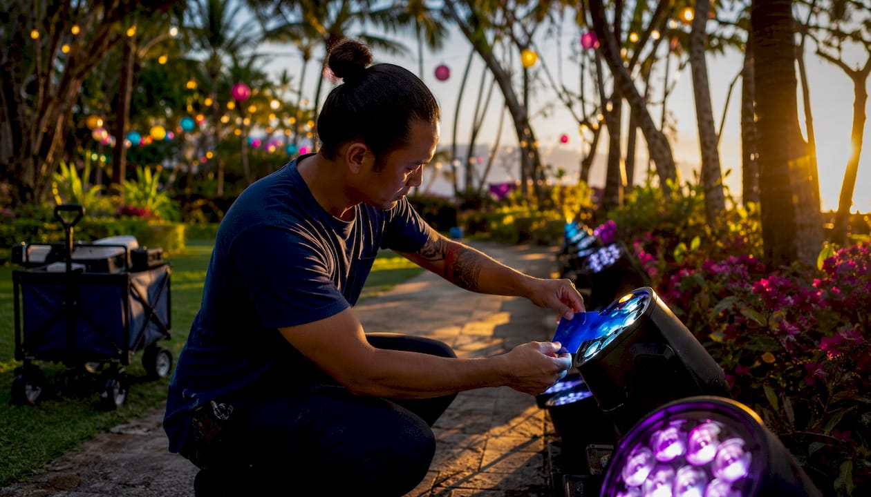 Technician adjusting outdoor event lighting on Oahu