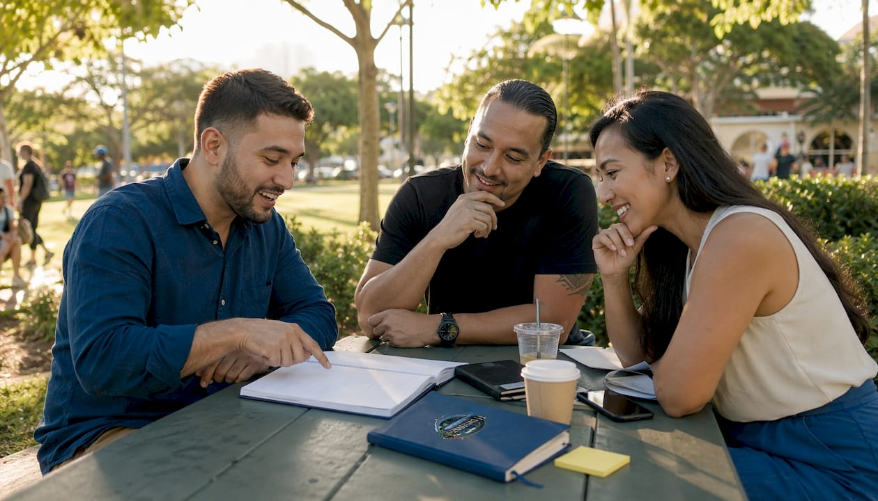 Group discussing event entertainment booking in café