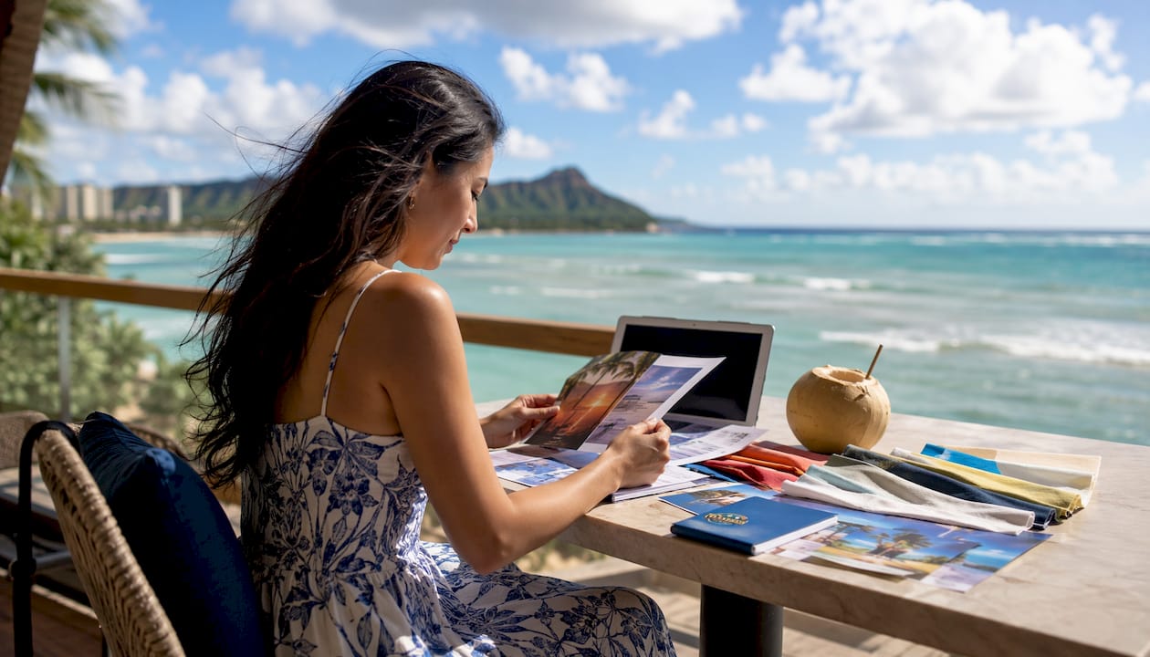 Event planner reviewing materials outdoors in Oahu garden