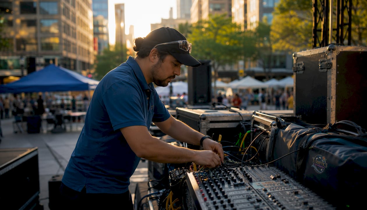 Technician setting up event audio equipment outdoors