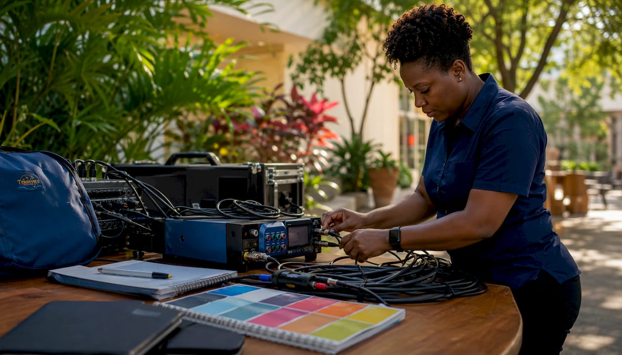 Technician testing equipment compatibility indoors