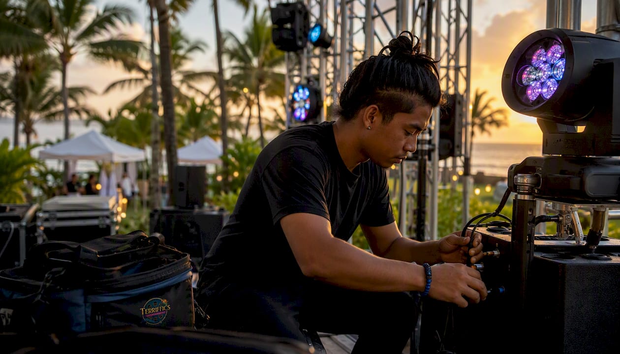 Event technician setting up DJ sound and lighting outdoors