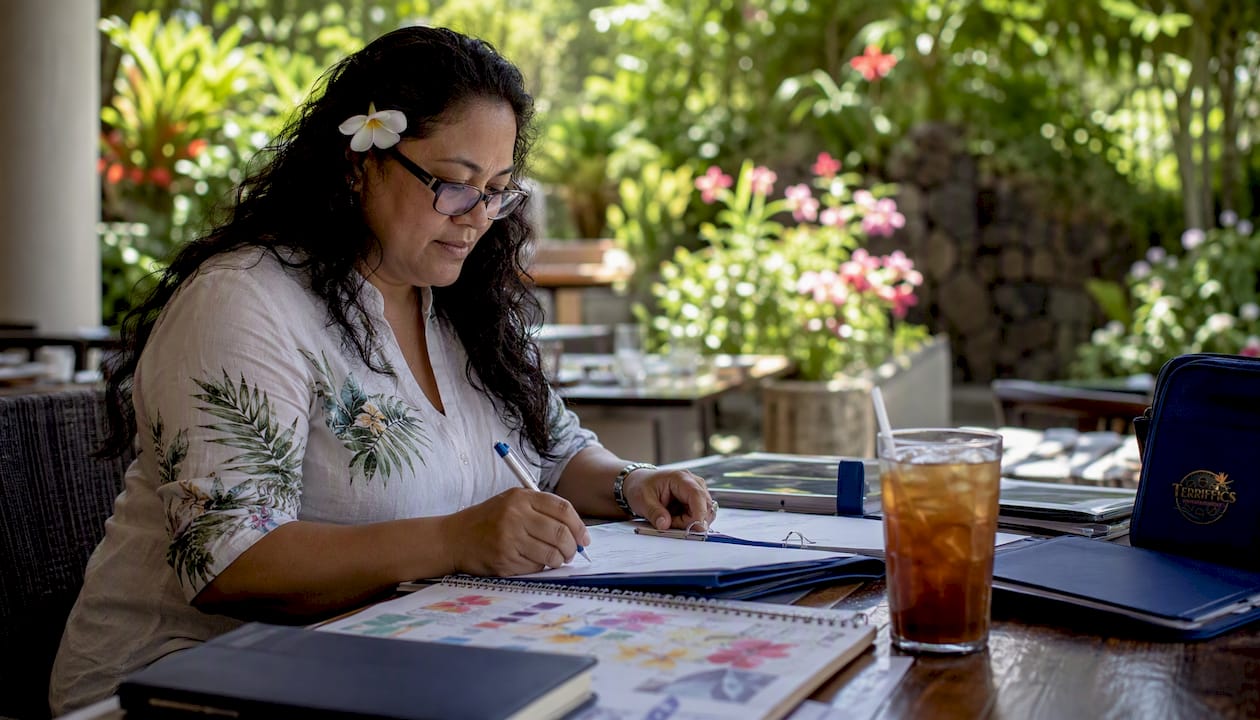 Local event planner reviewing contracts in café