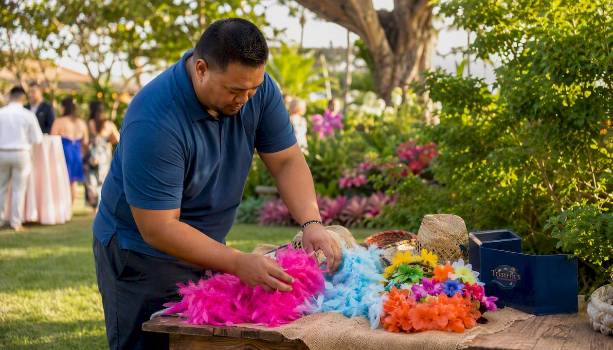 Photobooth attendant arranging props at wedding event