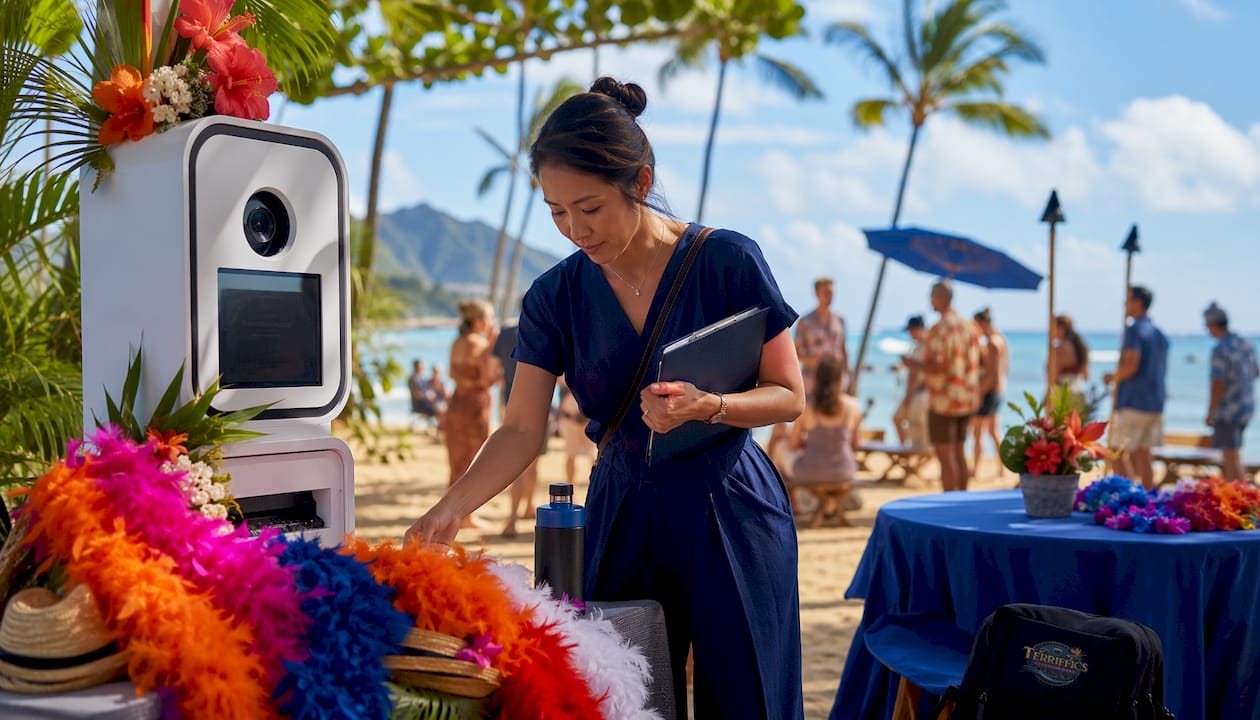 Event planner setting up Hawaiian photobooth outdoors