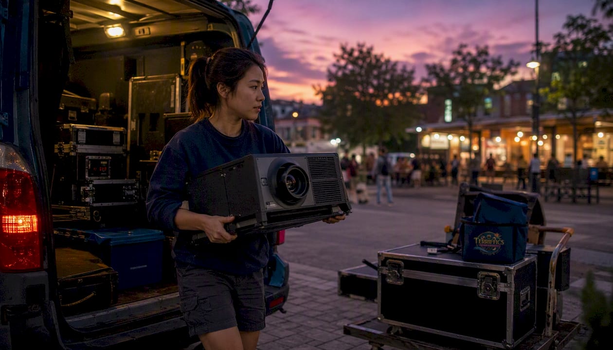 Woman unloading outdoor movie equipment from van