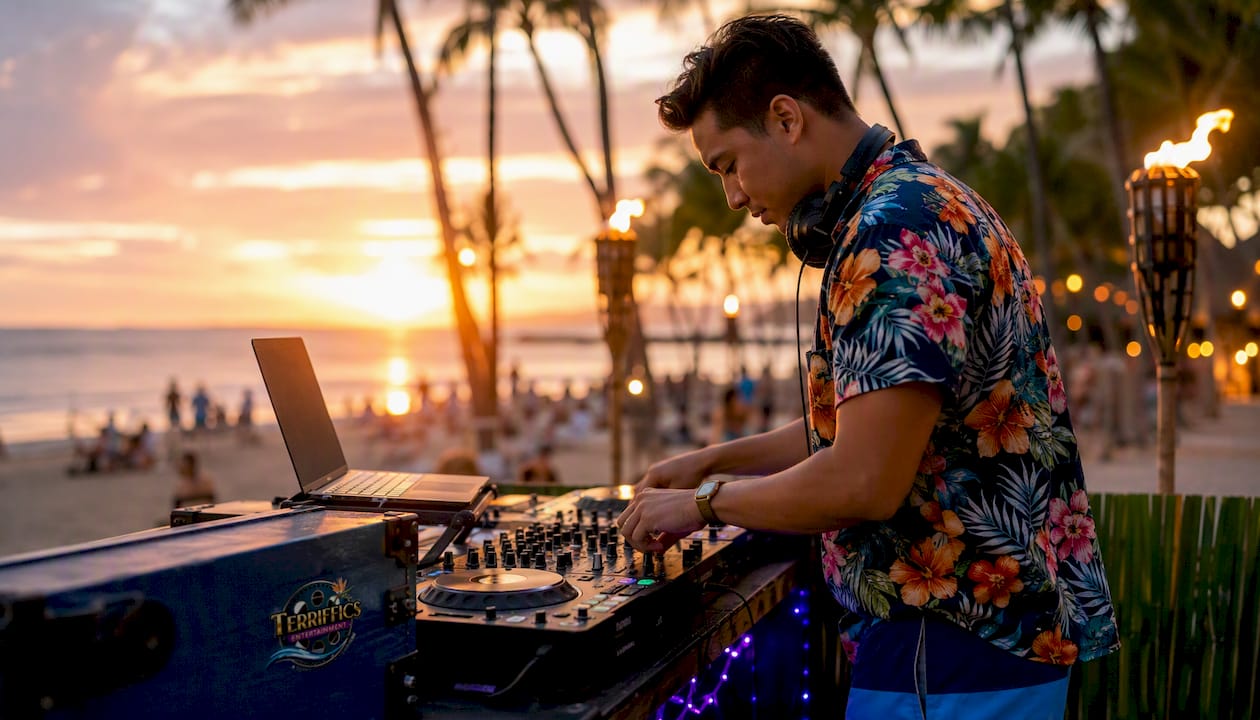 DJ managing music at beachside Oahu party
