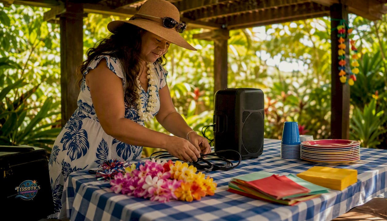 Woman setting up outdoor party equipment on Oahu