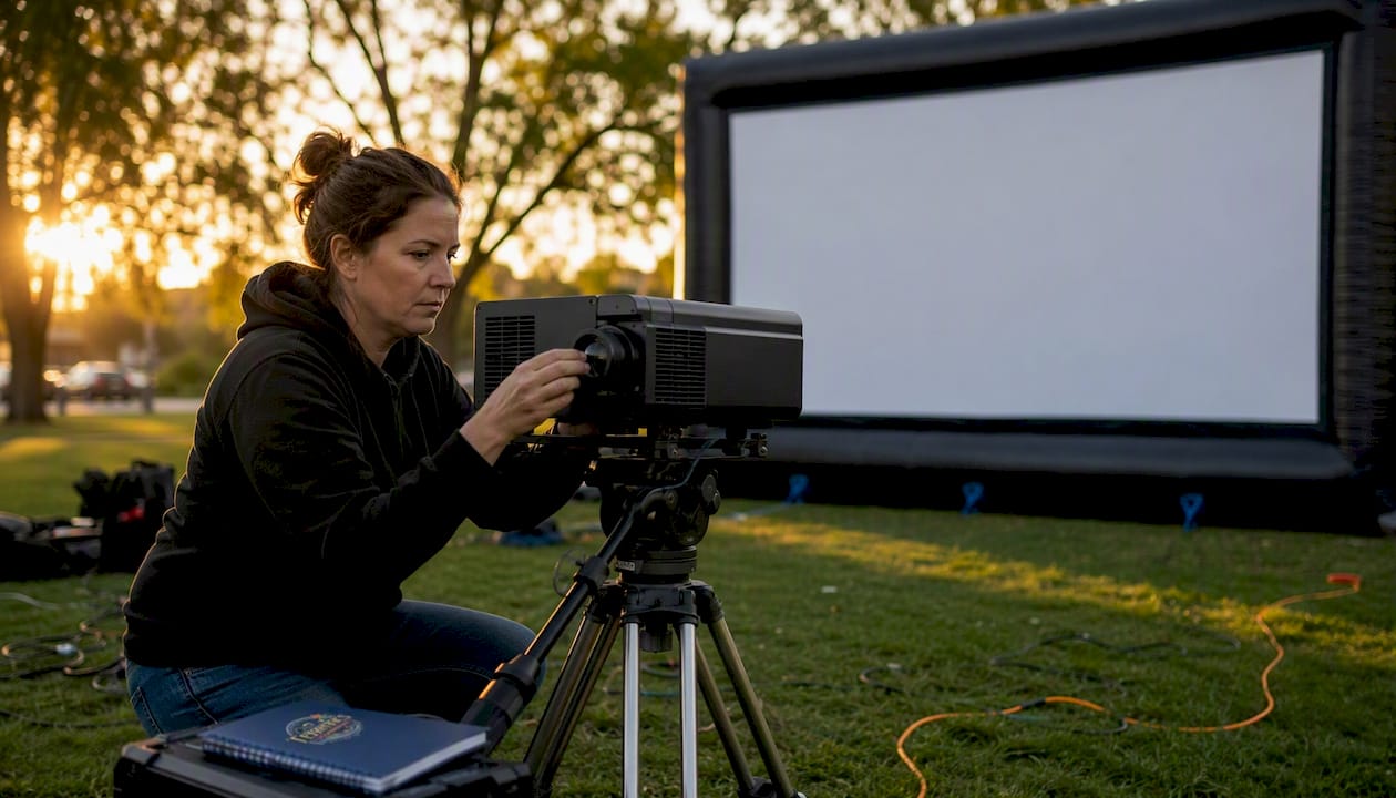 Female technician adjusting outdoor projector focus