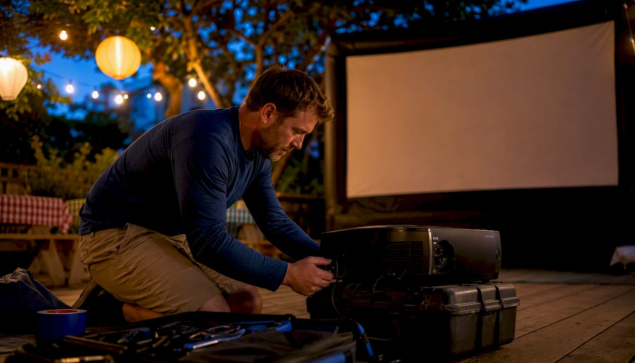 Event technician setting up outdoor movie projector