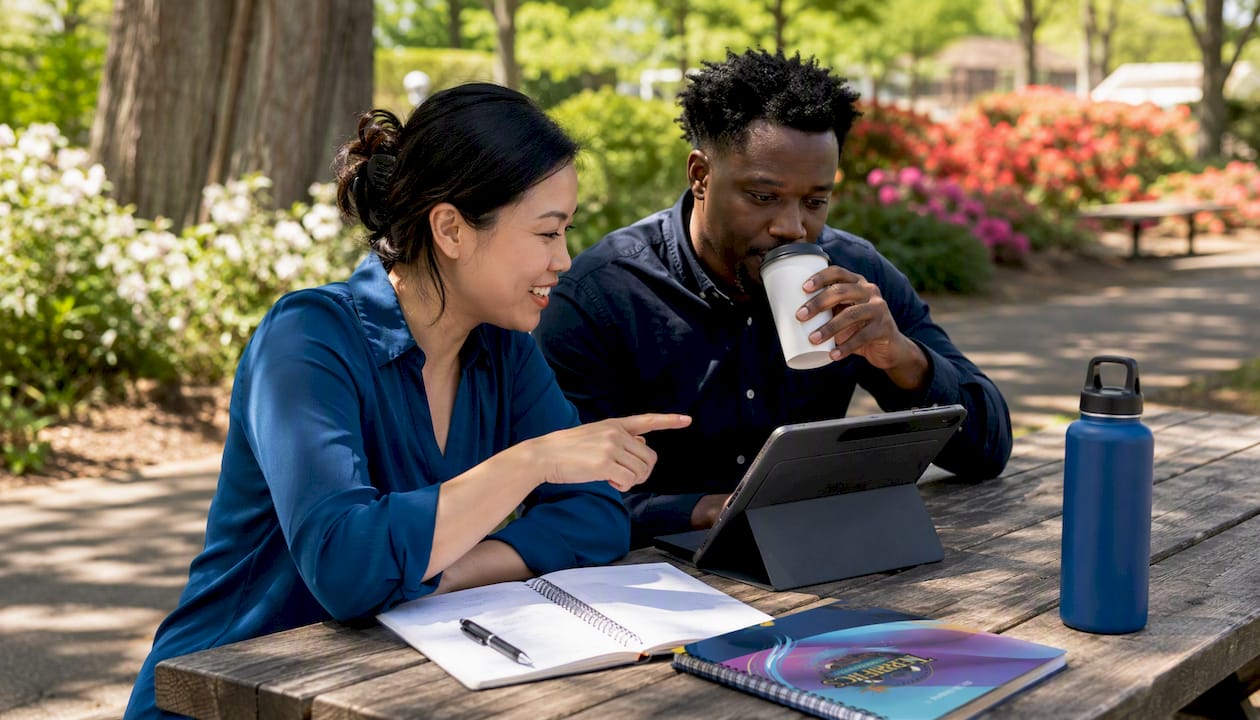 Event planners discussing outdoor projector rental