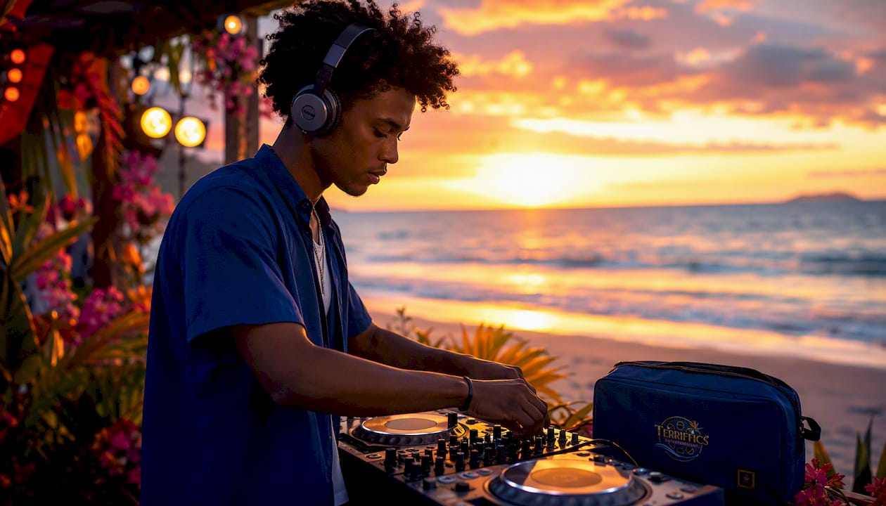 DJ adjusting sound and lighting equipment