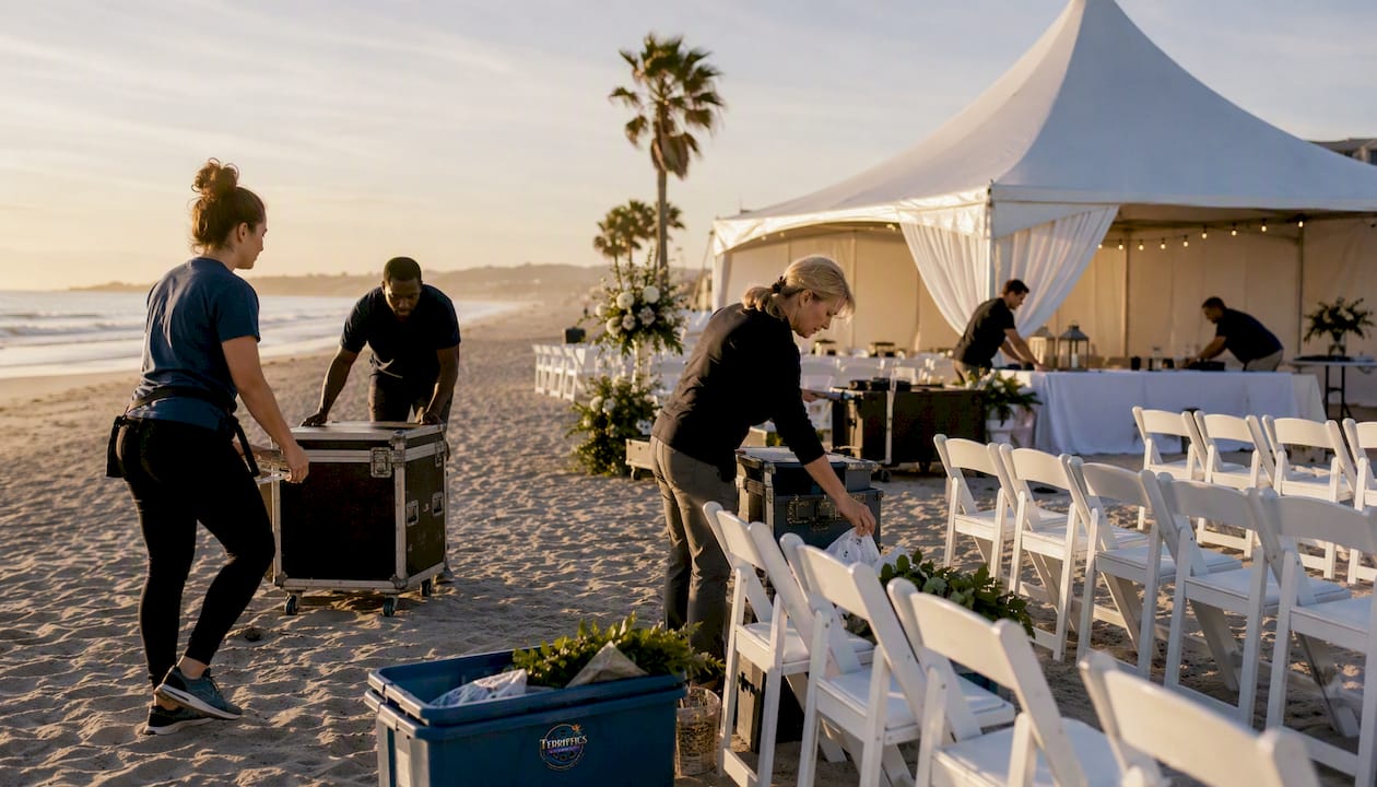 Event staff setting up outdoor tent