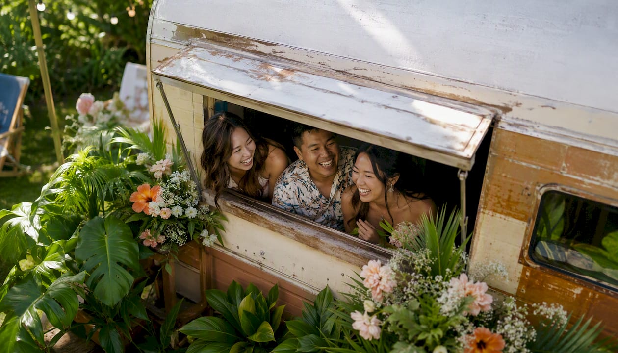 Vintage camper wedding photo booth with guests