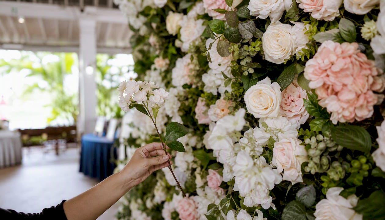 Flower wall photo booth backdrop detail