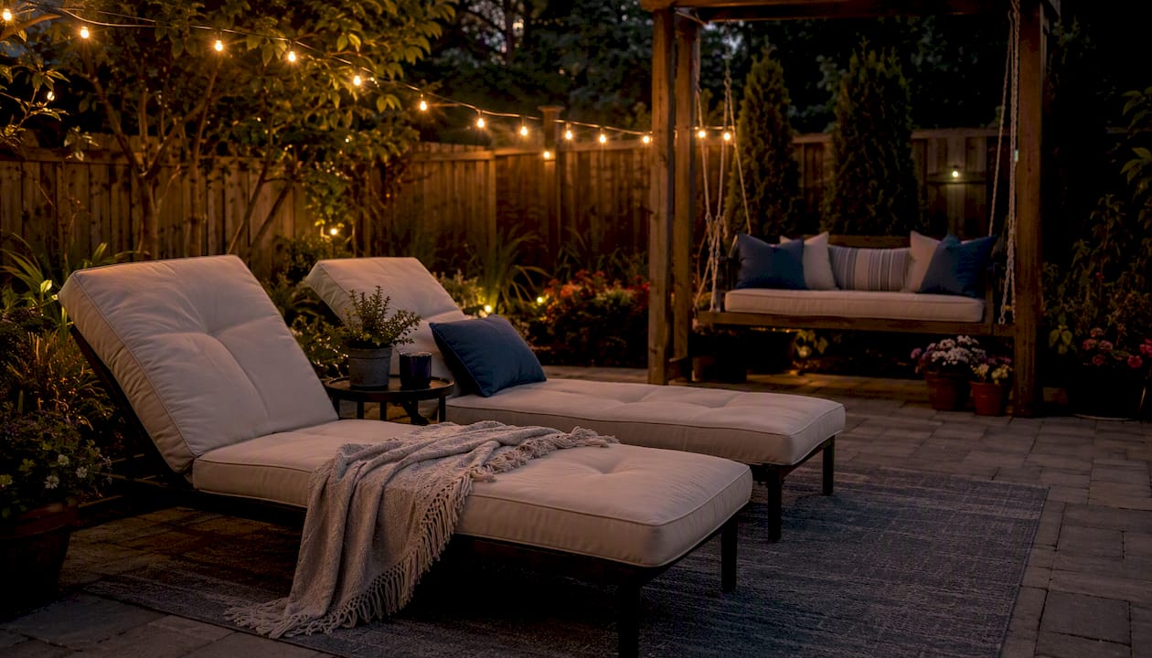 Backyard lounge chairs and porch swing with cushions