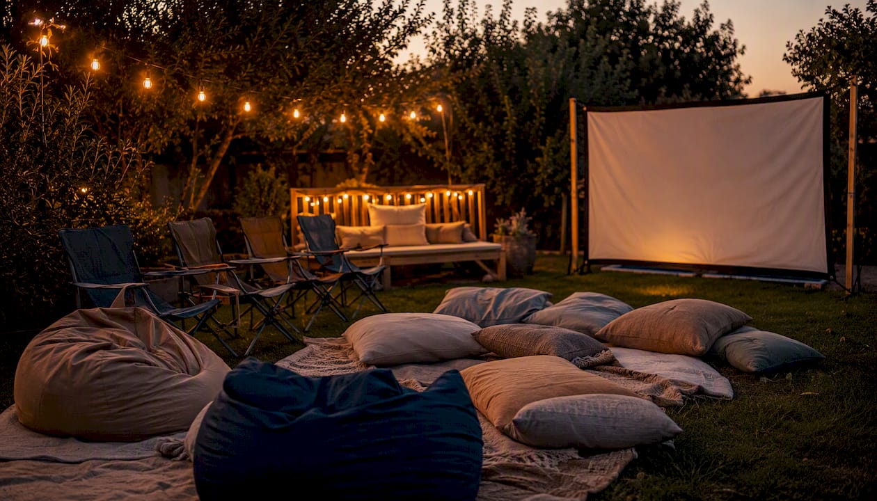 Backyard movie seating with cushions, chairs and pallet bench